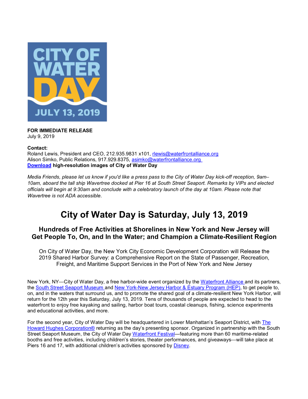 City of Water Day Is Saturday, July 13, 2019
