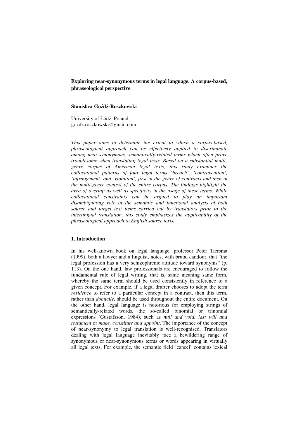 Exploring Near-Synonymous Terms in Legal Language. a Corpus-Based, Phraseological Perspective