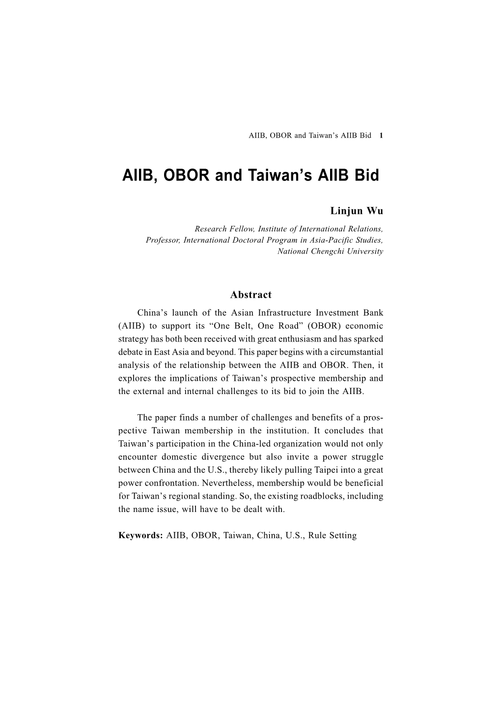 AIIB, OBOR and Taiwan's AIIB