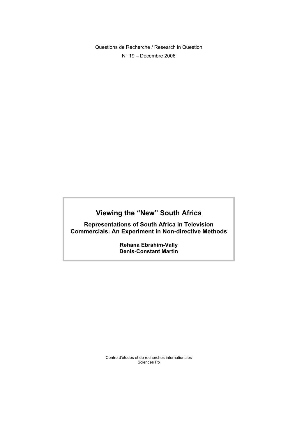 South Africa Representations of South Africa in Television Commercials: an Experiment in Non-Directive Methods