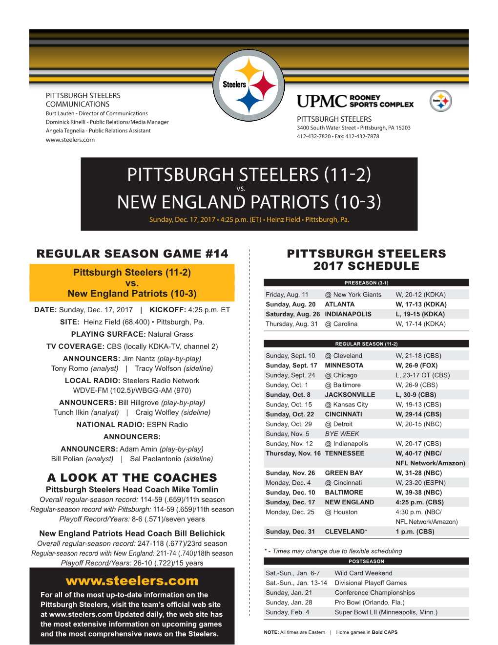 Pittsburgh Steelers (11-2) New England