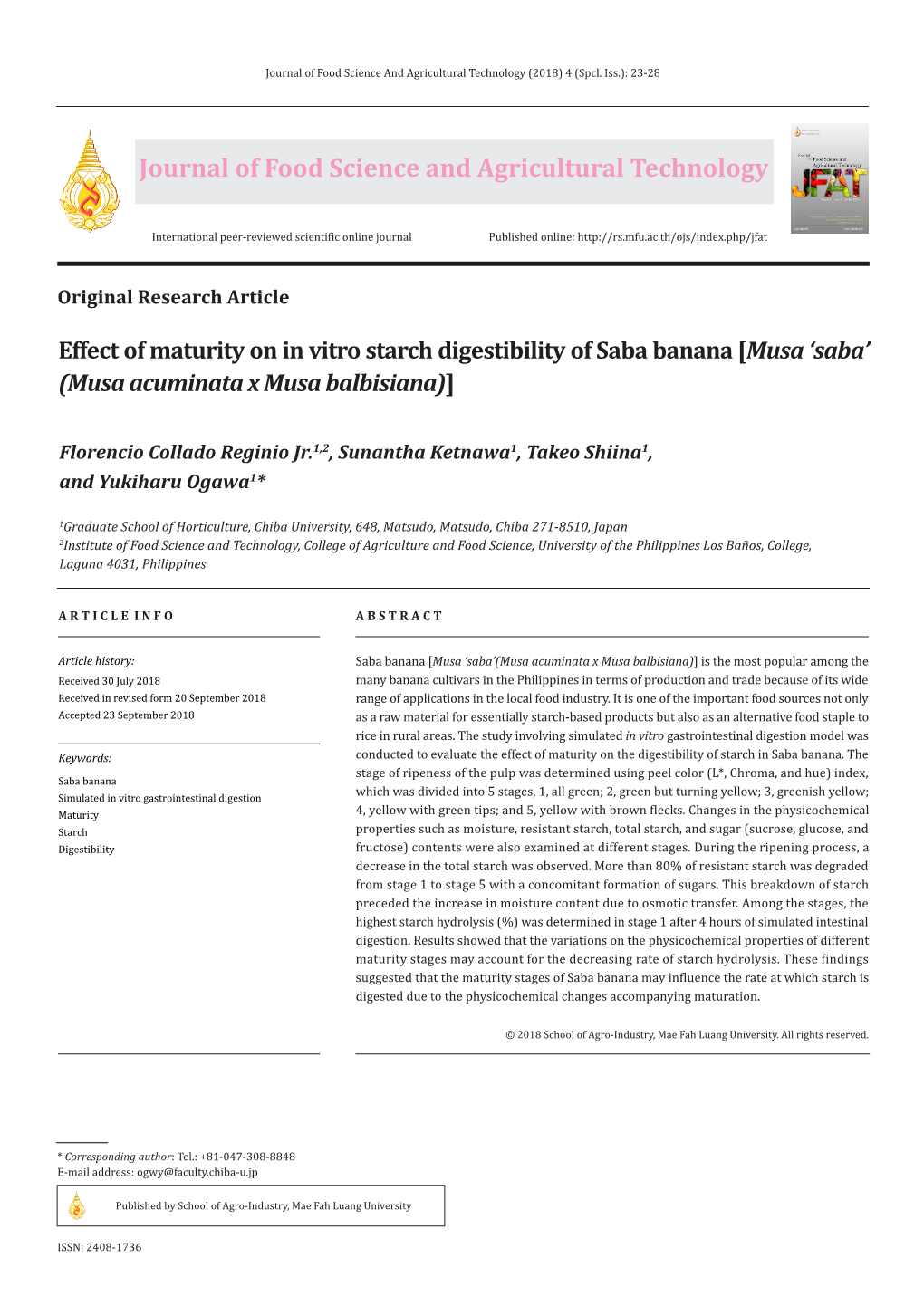 Effect of Maturity on in Vitro Starch Digestibility of Saba Banana [Musa ‘Saba’ (Musa Acuminata X Musa Balbisiana)]