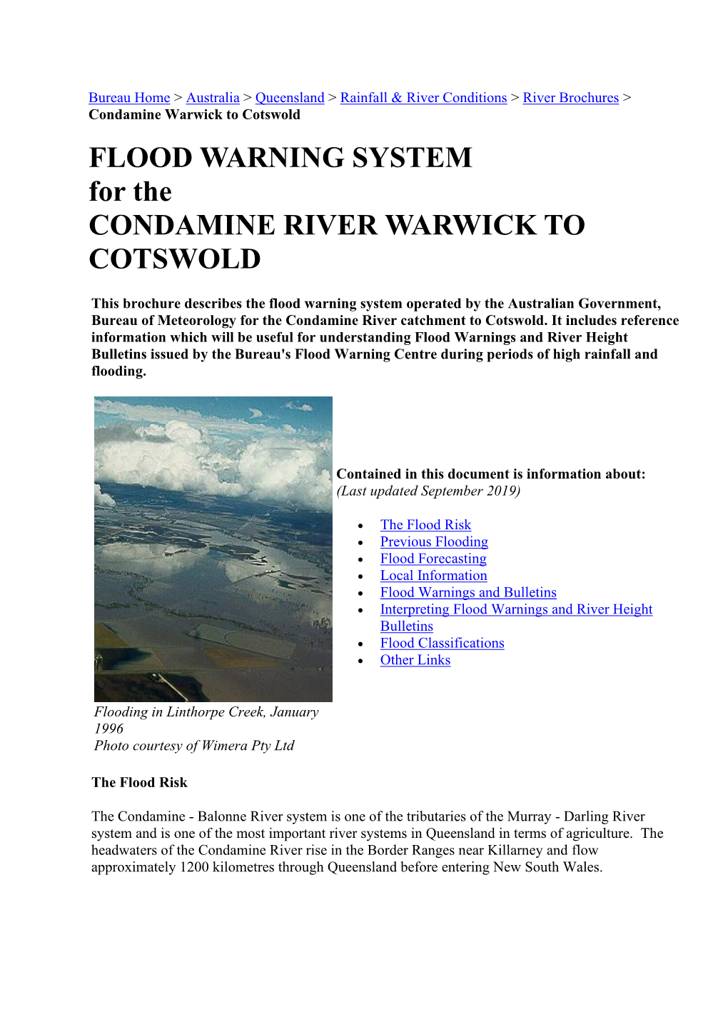 FLOOD WARNING SYSTEM for the CONDAMINE RIVER WARWICK to COTSWOLD