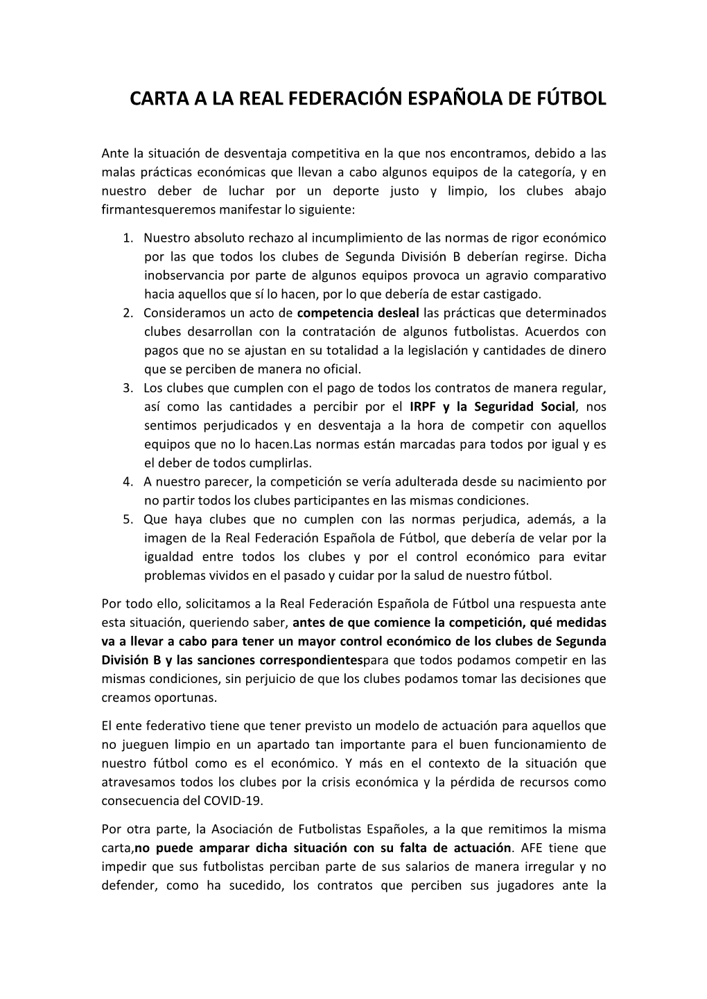 Carta a La Real Federación Española De Fútbol