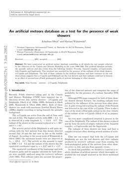 An Artificial Meteors Database As a Test for the Presence of Weak Showers