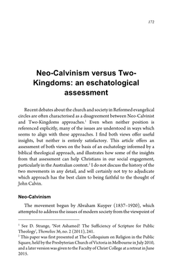Neo-Calvinism Versus Two- Kingdoms: an Eschatological Assessment