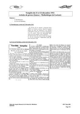 Tempête Du 21 Et 22 Décembre 1911 Articles De Presse (Source : Médiathèque De Lorient)