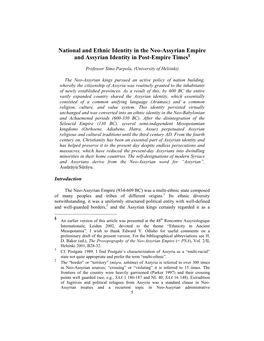 National and Ethnic Identity in the Neo-Assyrian Empire and Assyrian Identity In