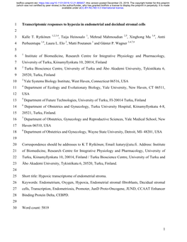 1 Transcriptomic Responses to Hypoxia in Endometrial and Decidual Stromal Cells 2 3 Kalle T