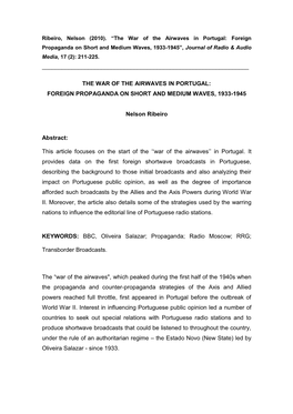 The War of the Airwaves in Portugal: Foreign Propaganda on Short and Medium Waves, 1933-1945”, Journal of Radio & Audio Media, 17 (2): 211-225