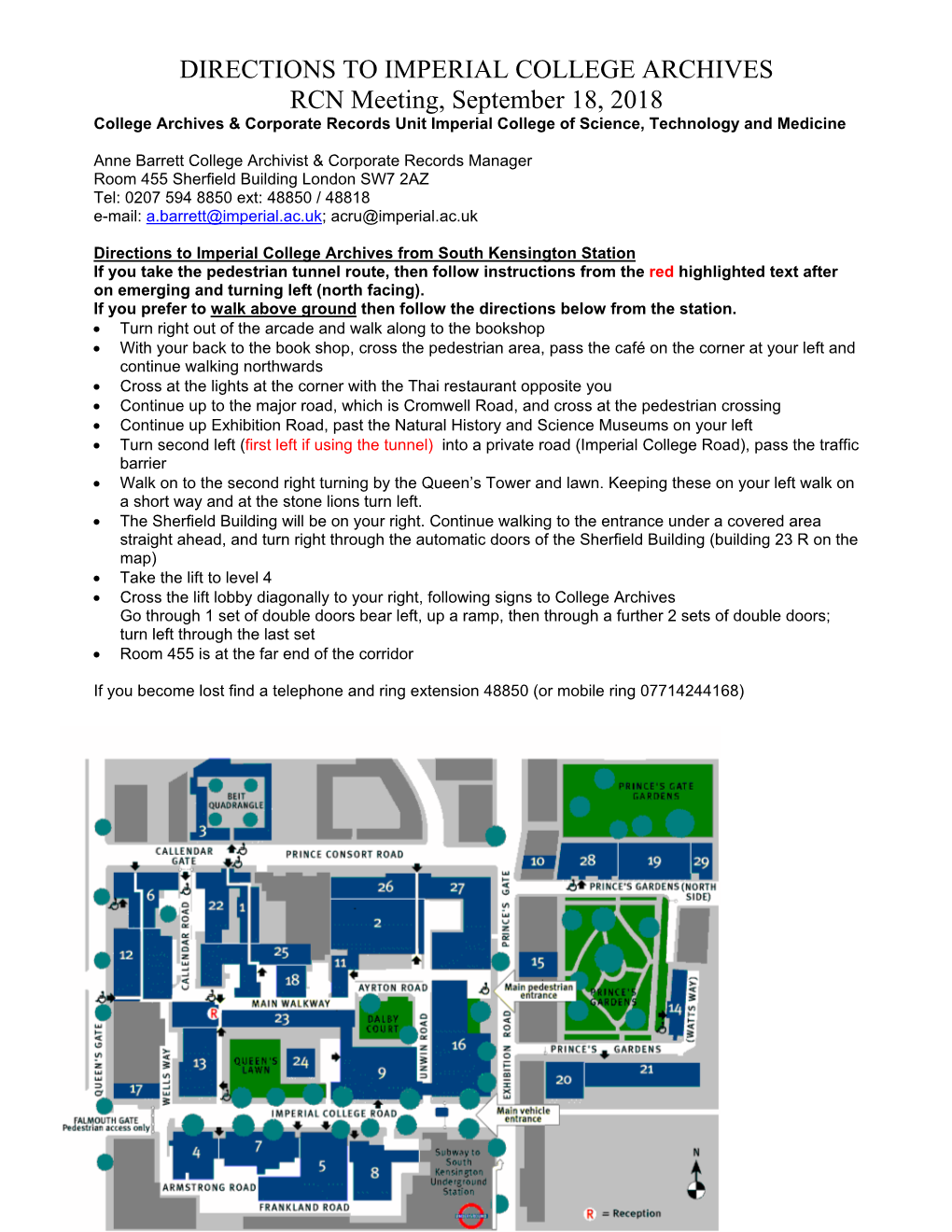 Directions to Imperial College Archives Rcn