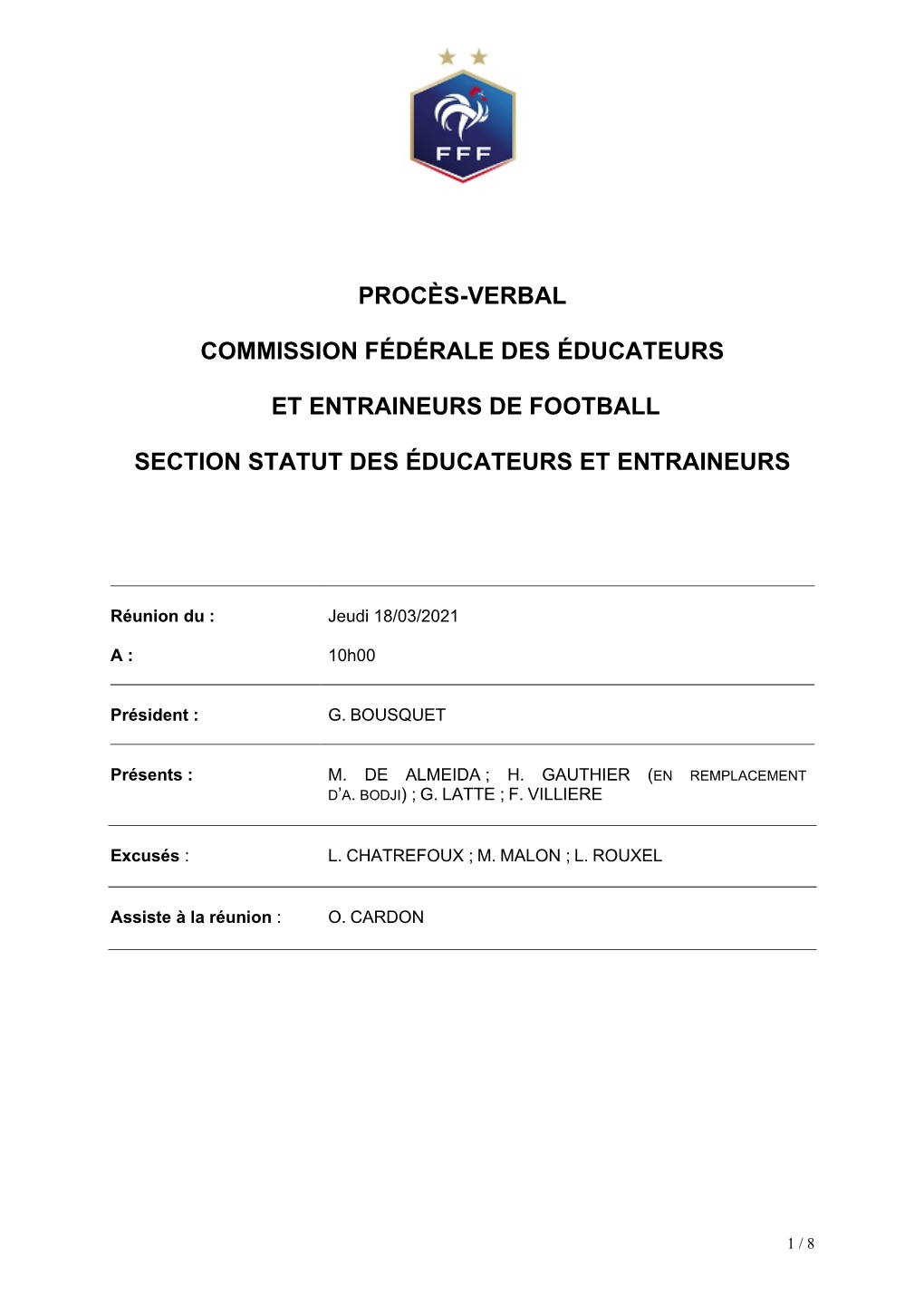 Procès-Verbal Commission Fédérale Des Éducateurs Et Entraineurs