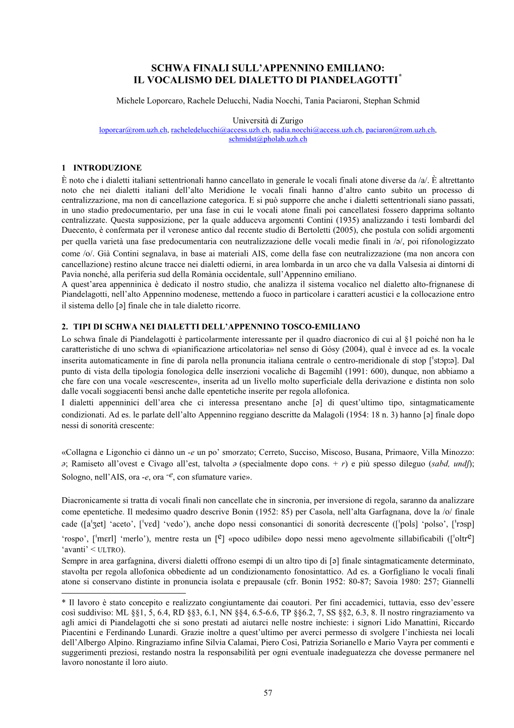 Schwa Finali Sull'appennino Emiliano: Il Vocalismo Del Dialetto Di