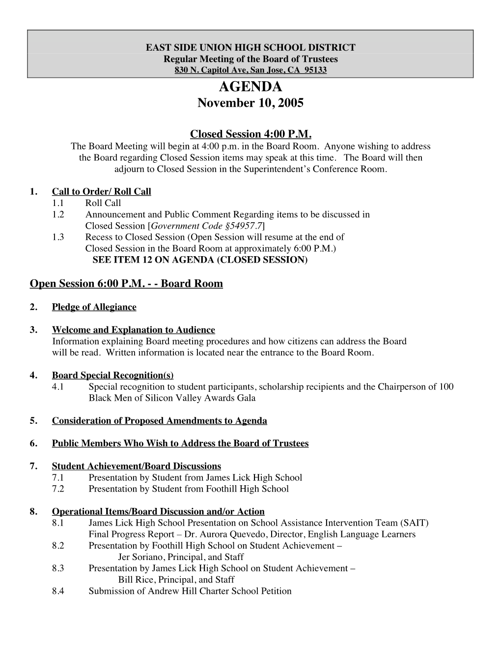 AGENDA November 10, 2005