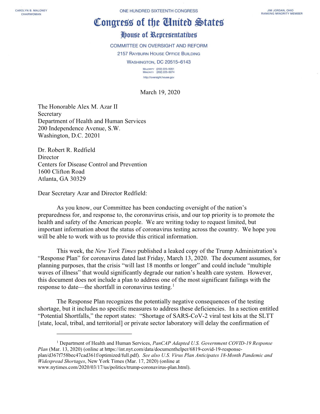 March 19, 2020: Letter to Secretary Alex Azar