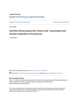 Cold War Intimacy Beyond the Taiwan Strait : Sexual Labour and Chinese Modernities in the Teahouse