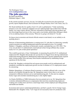 The Jobs Question by Paul Craig Roberts Published August 1, 2004