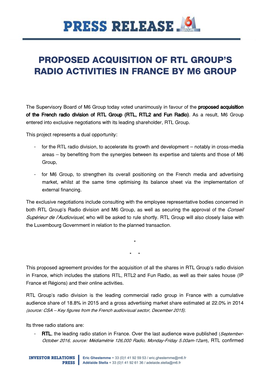 Proposed Acquisition of Rtl Group's Radio Activities In