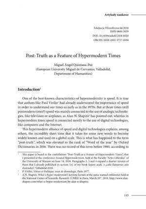 Post-Truth As a Feature of Hypermodern Times
