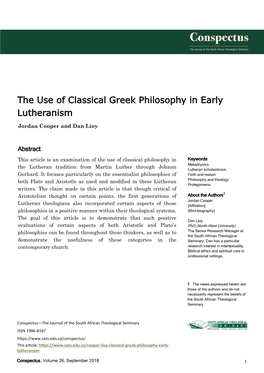 The Use of Classical Greek Philosophy in Early Lutheranism