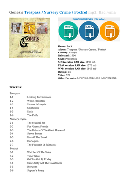 Genesis Trespass / Nursery Cryme / Foxtrot Mp3, Flac, Wma