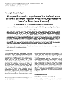Compositions and Comparison of the Leaf and Stem Essential Oils from Nigerian Hypoestes Phyllostachya ‘Rosea’ P