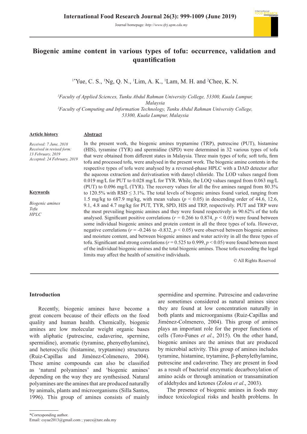 Biogenic Amine Content in Various Types of Tofu: Occurrence, Validation and Quantification