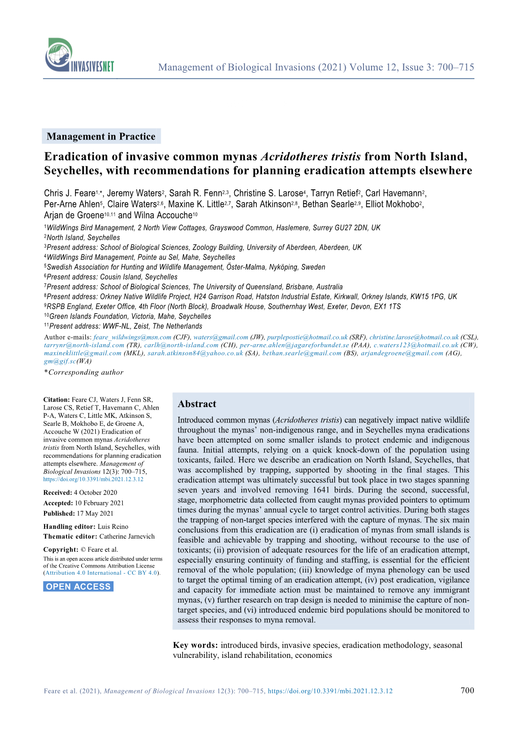 Eradication of Invasive Common Mynas Acridotheres Tristis from North Island, Seychelles, with Recommendations for Planning Eradication Attempts Elsewhere