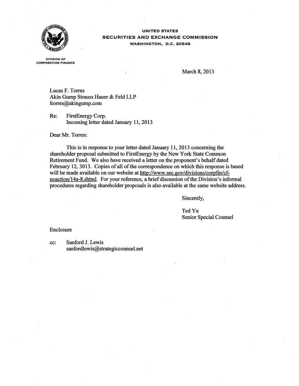Firstenergy Corp. Incoming Letter Dated January 11, 2013