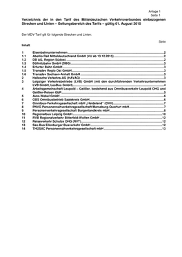 Verzeichnis Der in Den Tarif Des Mitteldeutschen Verkehrsverbundes Einbezogenen Strecken Und Linien – Geltungsbereich Des Tarifs – Gültig 01