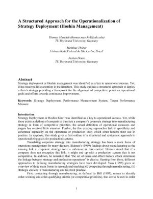 A Structured Approach for the Operationalization of Strategy Deployment (Hoshin Management)