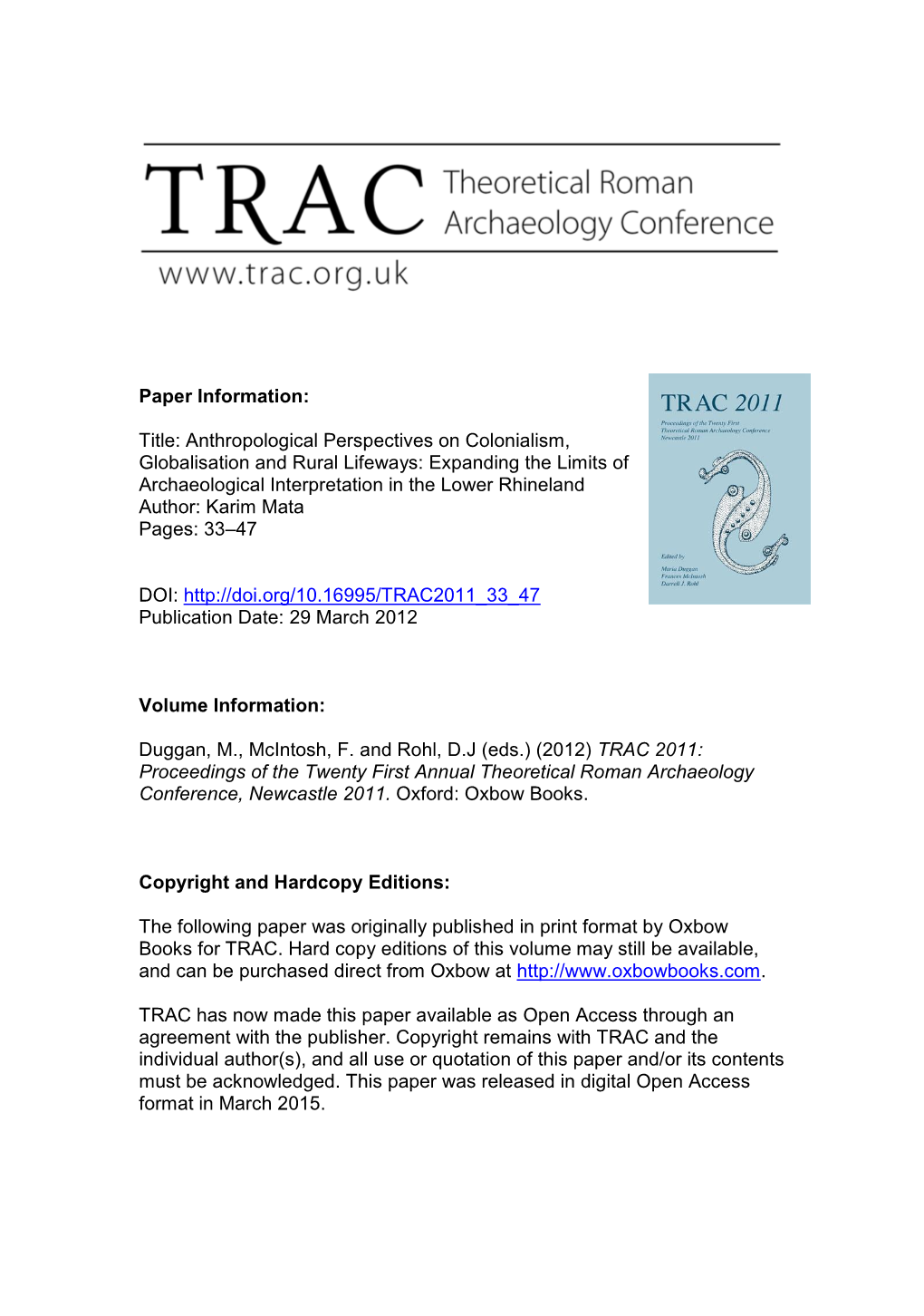 Theoretical Roman Archaeology Conference (TRAC) 2011