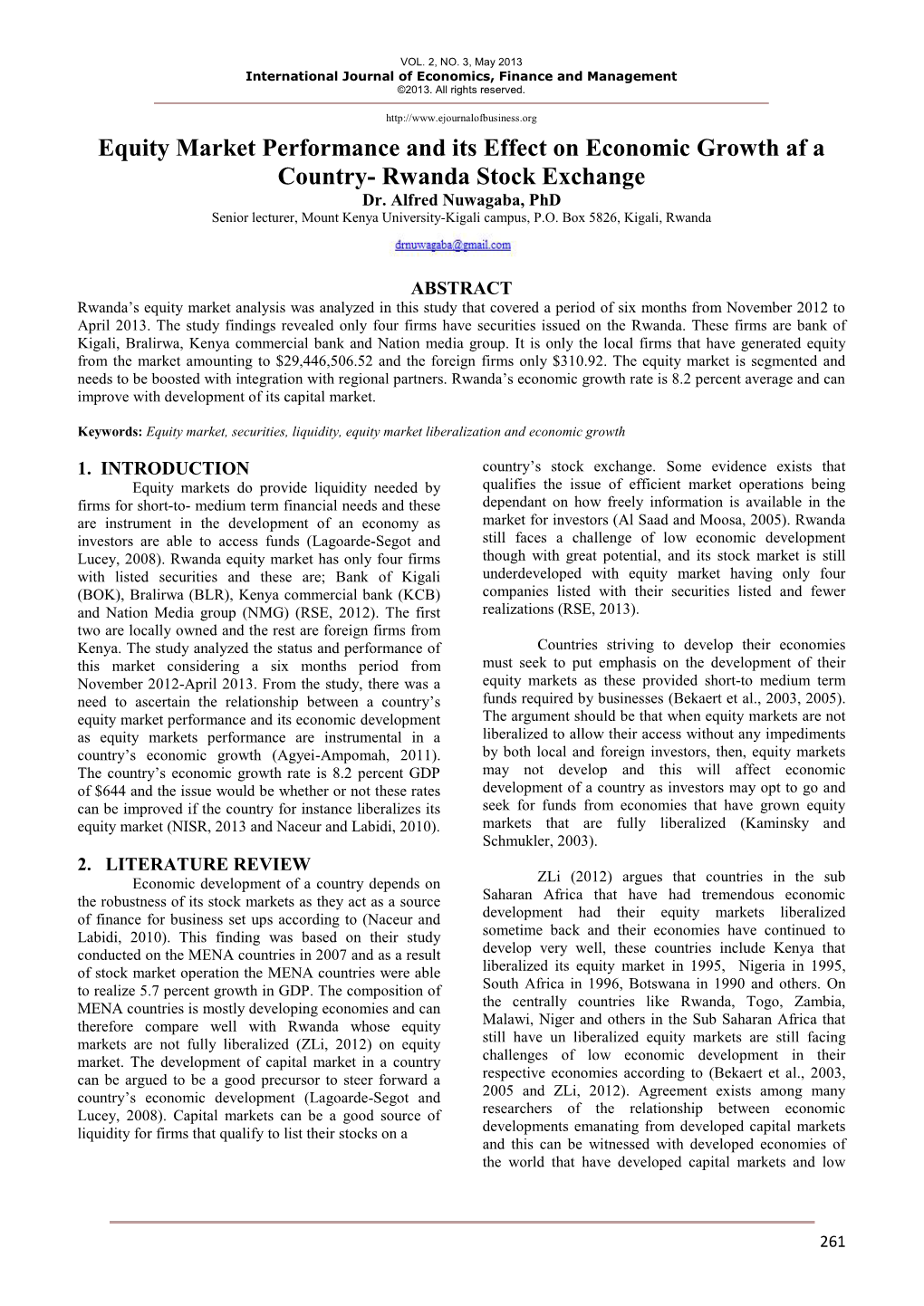 Equity Market Performance and Its Effect on Economic Growth Af a Country- Rwanda Stock Exchange Dr