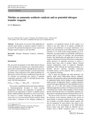 Nitrides As Ammonia Synthesis Catalysts and As Potential Nitrogen Transfer Reagents