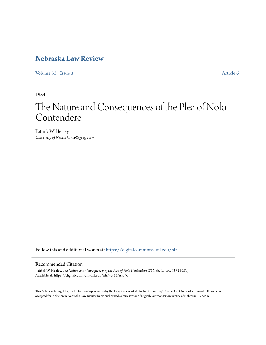 The Nature and Consequences of the Plea of Nolo Contendere, 33 Neb