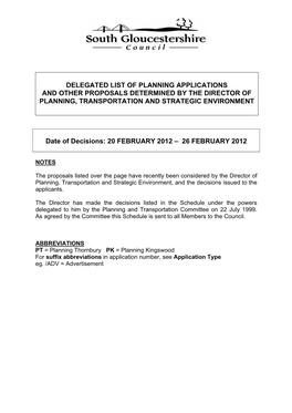 Delegated List of Planning Applications and Other Proposals Determined by the Director of Planning, Transportation and Strategic Environment