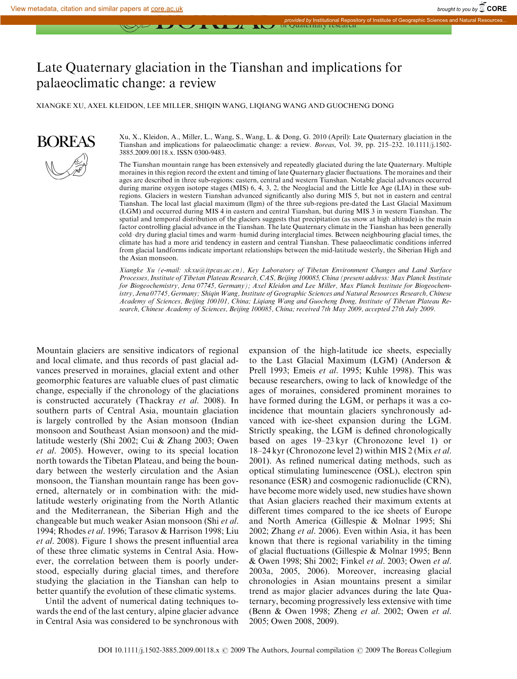 Late Quaternary Glaciation in the Tianshan and Implications for Palaeoclimatic Change: a Review