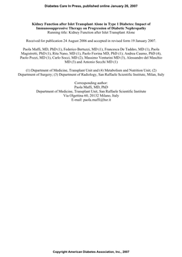 Kidney Function After Islet Transplant Alone in Type 1