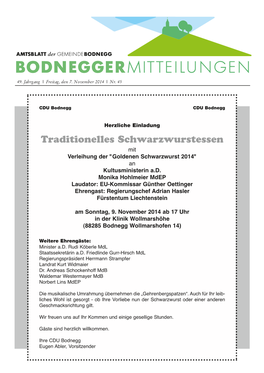 Traditionelles Schwarzwurstessen Mit Verleihung Der "Goldenen Schwarzwurst 2014" an Kultusministerin A.D