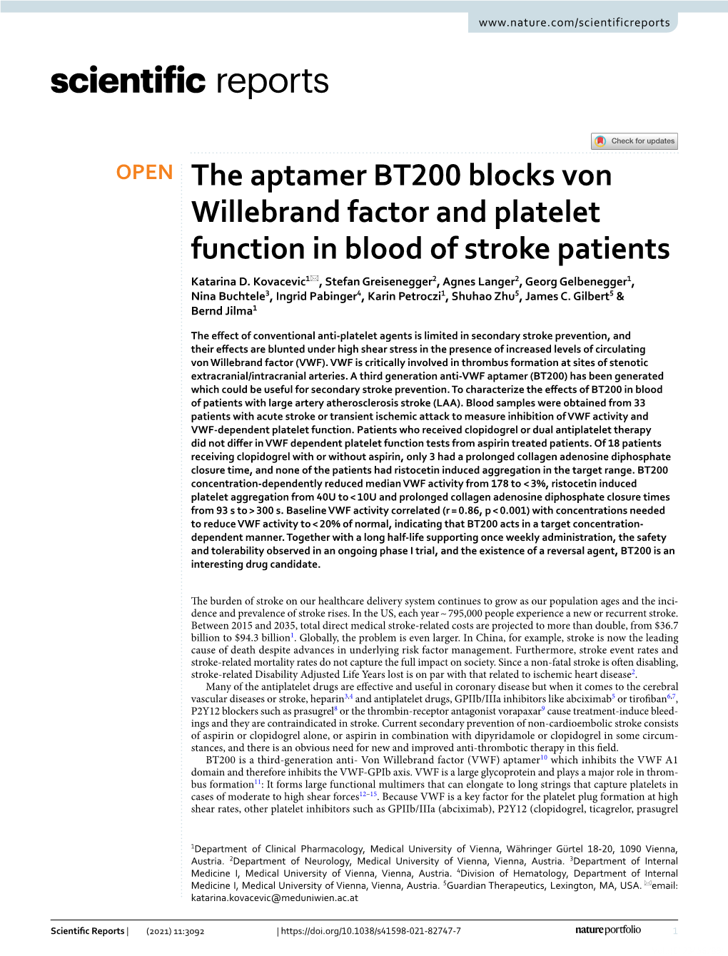 The Aptamer BT200 Blocks Von Willebrand Factor and Platelet Function in Blood of Stroke Patients Katarina D