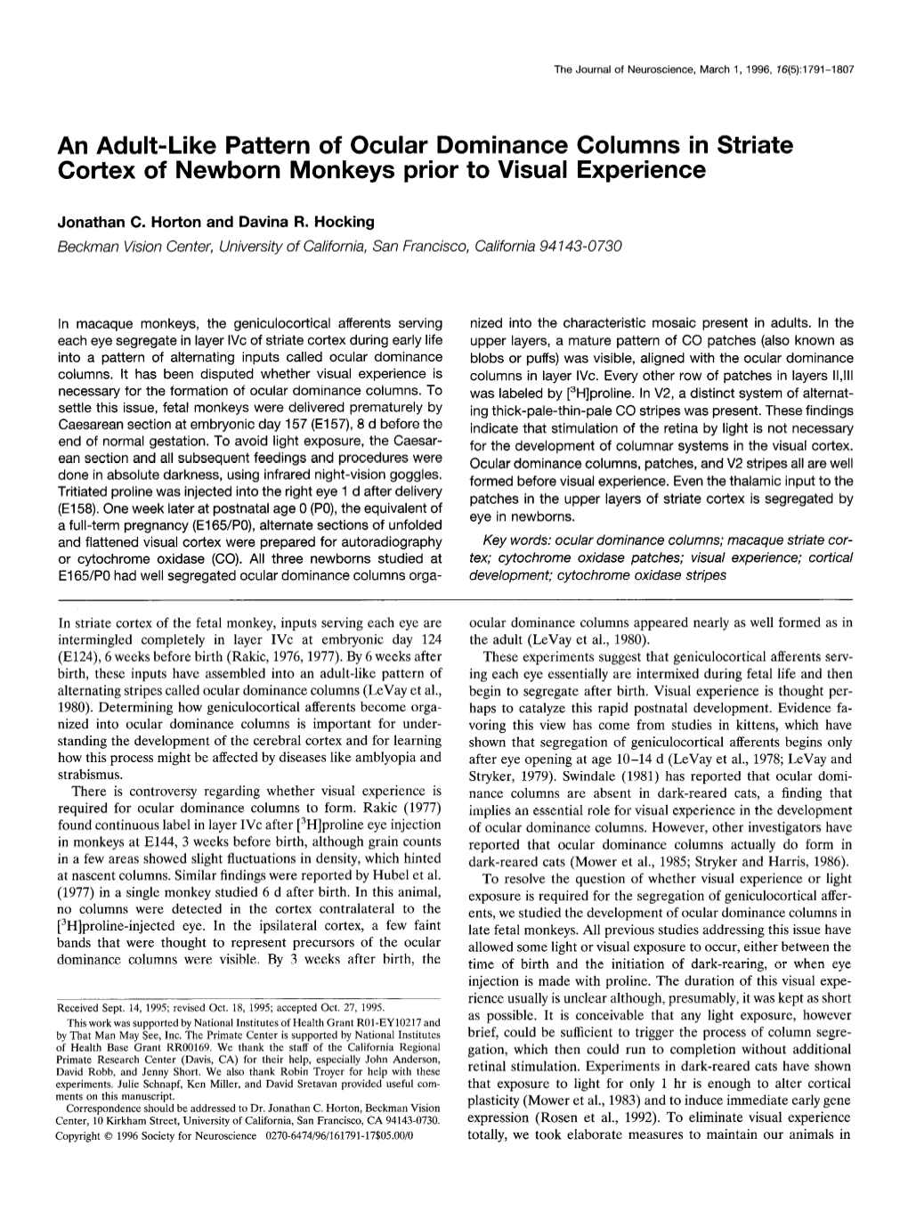 An Adult-Like Pattern of Ocular Dominance Columns in Striate Cortex of Newborn Monkeys Prior to Visual Experience