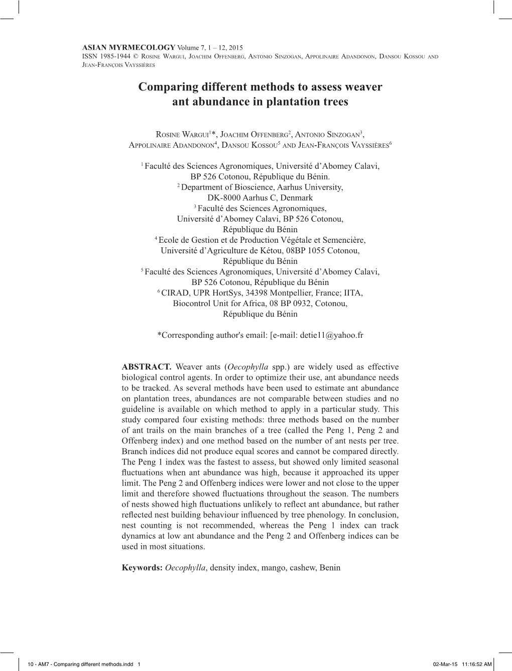 Comparing Different Methods to Assess Weaver Ant Abundance in Plantation Trees