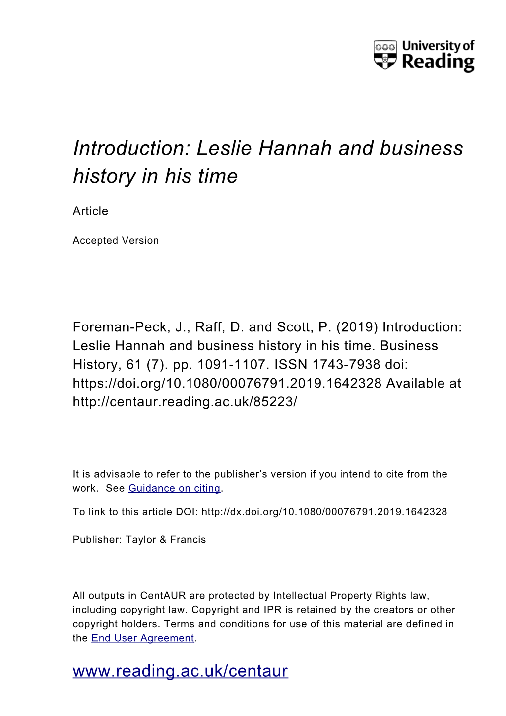 Introduction: Leslie Hannah and Business History in His Time