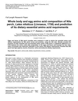 Whole Body and Egg Amino Acid Composition of Nile Perch, Lates Niloticus (Linnaeus, 1758) and Prediction of Its Dietary Essential Amino Acid Requirements