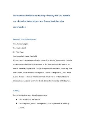 Inquiry Into the Harmful Use of Alcohol in Aboriginal and Torres Strait Islander Communities