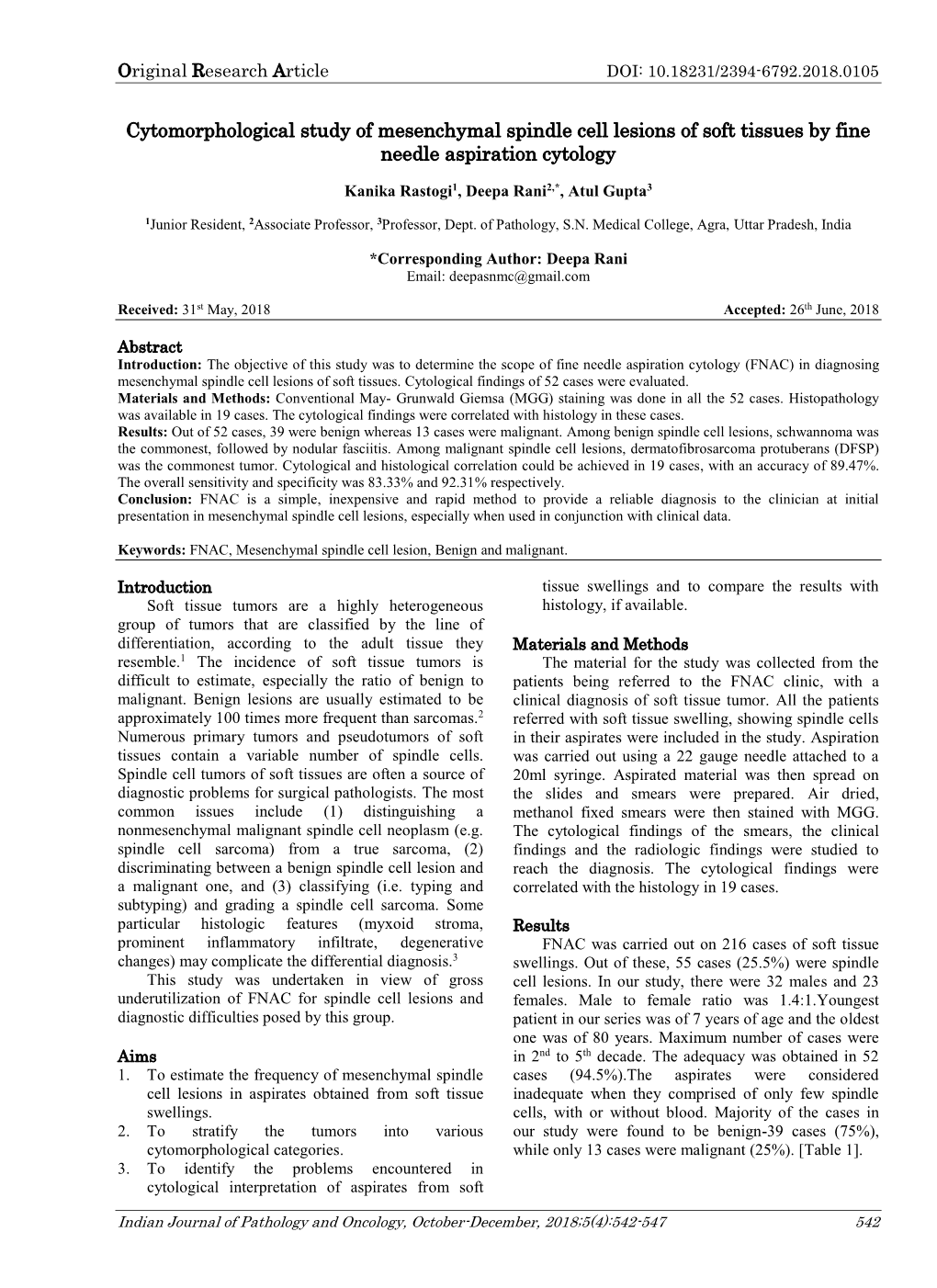 Cytomorphological Study of Mesenchymal Spindle Cell Lesions of Soft Tissues by Fine Needle Aspiration Cytology