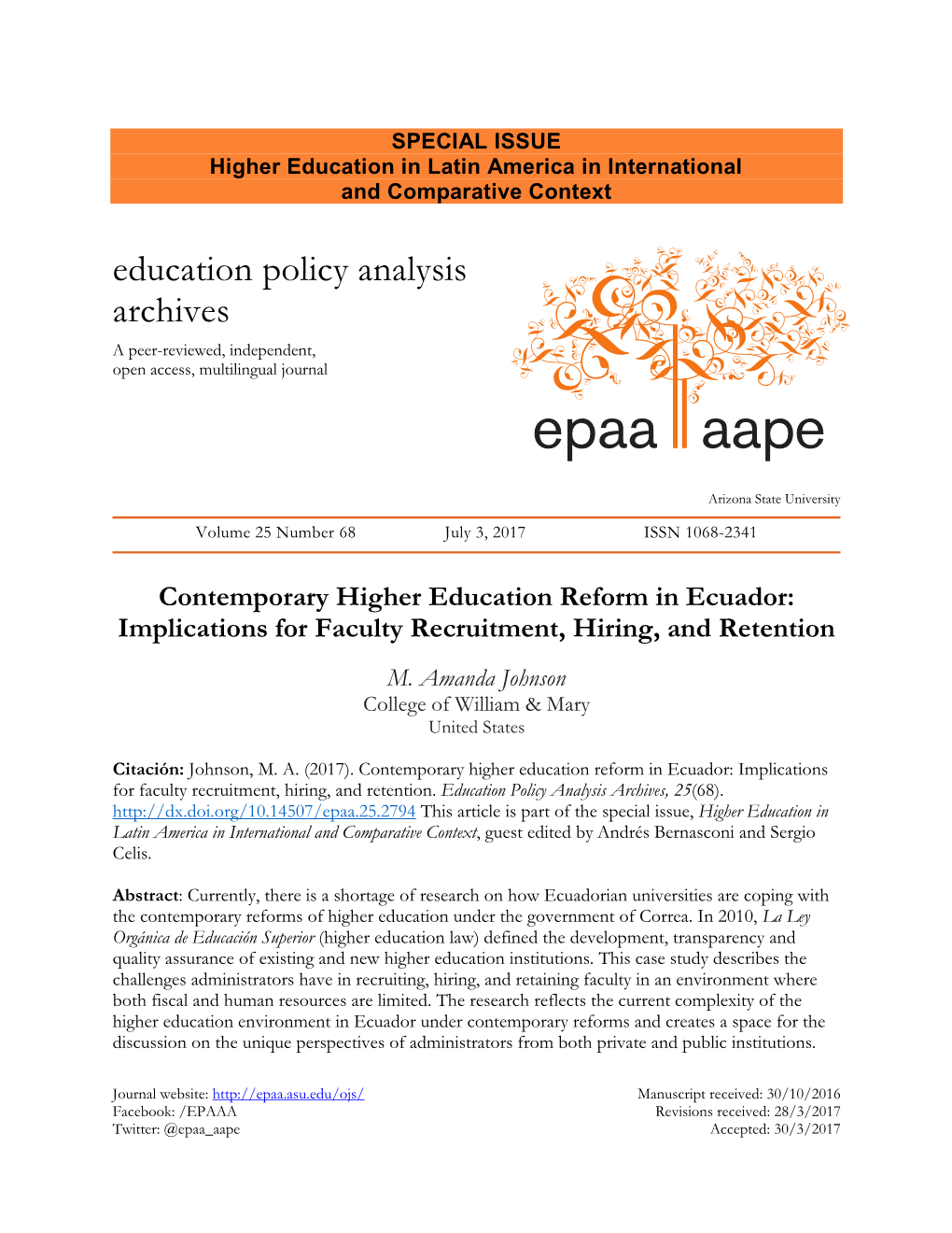 Contemporary Higher Education Reform in Ecuador: Implications for Faculty Recruitment, Hiring, and Retention