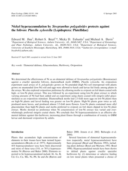 Nickel Hyperaccumulation by Streptanthus Polygaloides Protects Against the Folivore Plutella Xylostella (Lepidoptera: Plutellidae)