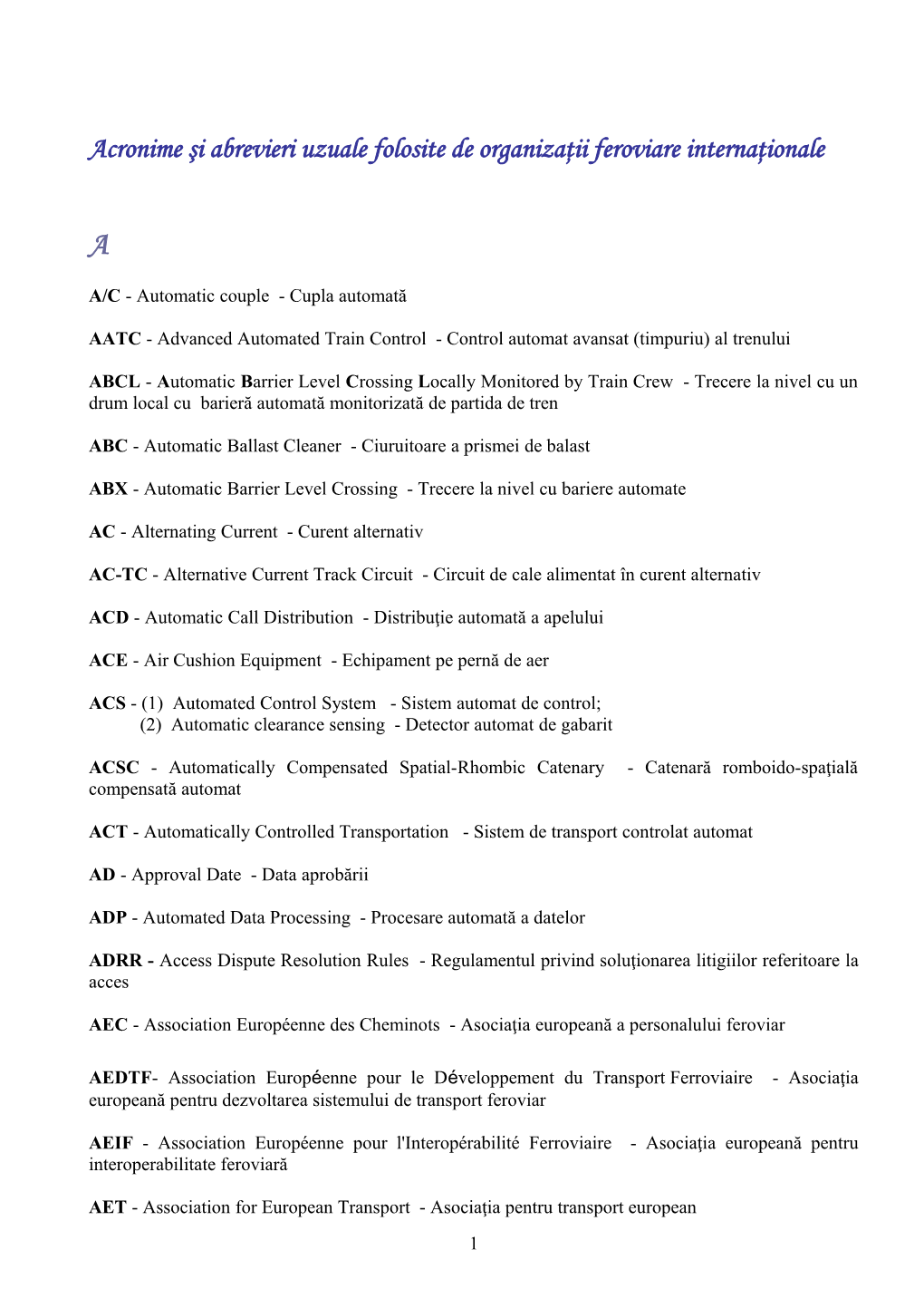 Acronime Şi Abrevieri Uzuale Folosite De Organizaţii Feroviare Internaţionale