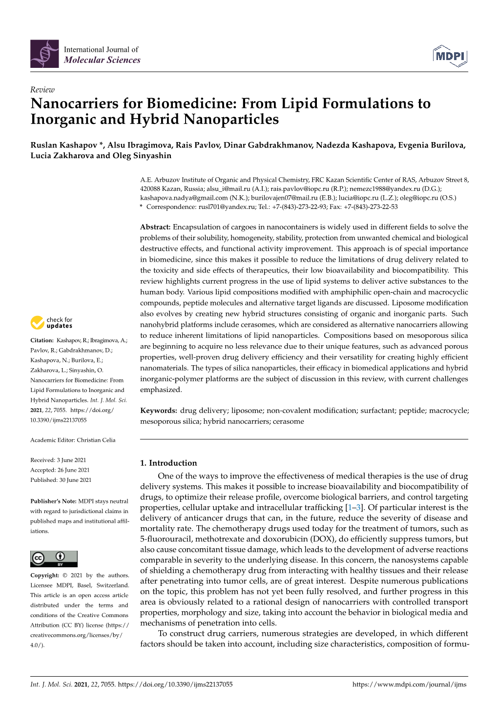 From Lipid Formulations to Inorganic and Hybrid Nanoparticles